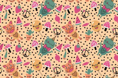 Çizgi filmdeki doğum günü hayvanları, dikişsiz kurbağalar, kediler, çilek, karpuz ve mantar desenli ambalaj kağıtları, kumaşlar, çarşaflar, çocuk giysileri ve parti aksesuarları.