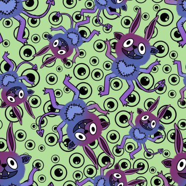 Çizgi film canavarları kağıt, kumaş, çarşaf ve çocuk giysileri baskısı ve Cadılar Bayramı ambalajları için kusursuz desenler. Yüksek kaliteli illüstrasyon