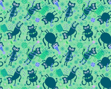 Noel karikatüründeki hayvanlar, kağıt, kumaş, çarşaf ve çocuk giysileri baskısı, parti aksesuarları ve yeni yıl ambalajları için kusursuz kediler ve oyuncak desenleri. Yüksek kaliteli illüstrasyon