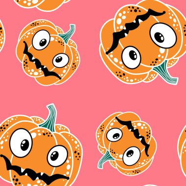 Cadılar Bayramı balkabakları kağıt, kumaş, çarşaf, çocuk giysisi baskısı, şenlik ambalajı ve sonbahar partisi aksesuarları için kusursuz canavar desenleri. Yüksek kaliteli illüstrasyon