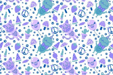 Çizgi filmdeki doğum günü hayvanları, dikişsiz kurbağalar, kediler, çilek, karpuz ve mantar desenli ambalajlar, kumaşlar, çarşaflar ve çocuk giysileri baskısı.