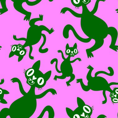 Cadılar Bayramı hayvanları, kağıt, kumaş, çarşaf, çocuk kıyafetleri ve parti aksesuarları için kusursuz kediler ve balkabağı desenleri. Yüksek kaliteli illüstrasyon