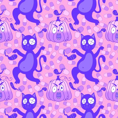 Cadılar Bayramı hayvanları, kağıt, kumaş, çarşaf, çocuk kıyafetleri ve parti aksesuarları için kusursuz kediler ve balkabağı desenleri. Yüksek kaliteli illüstrasyon