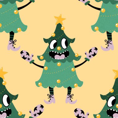 Karikatür Noel ağacı desenli ambalaj kağıtları, kumaşlar, çarşaflar, çocuk kıyafetleri ve parti aksesuarları. Yüksek kaliteli illüstrasyon