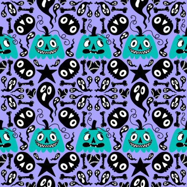 Cadılar Bayramı balkabakları kağıt, kumaş, çarşaf, çocuk giysisi baskısı, şenlik ambalajı ve sonbahar partisi aksesuarları için kusursuz canavar desenleri. Yüksek kaliteli illüstrasyon