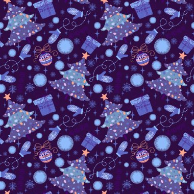 Karikatür Noel ağacı desenli ambalaj kağıtları, kumaşlar, çarşaflar, çocuk kıyafetleri ve parti aksesuarları. Yüksek kaliteli illüstrasyon