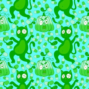 Cadılar Bayramı hayvanları, kağıt, kumaş, çarşaf, çocuk kıyafetleri ve parti aksesuarları için kusursuz kediler ve balkabağı desenleri. Yüksek kaliteli illüstrasyon