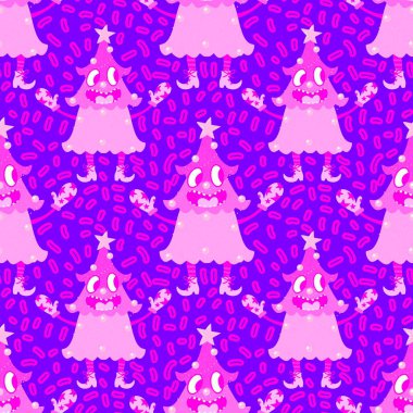 Karikatür Noel ağacı desenli ambalaj kağıtları, kumaşlar, çarşaflar, çocuk kıyafetleri ve parti aksesuarları. Yüksek kaliteli illüstrasyon