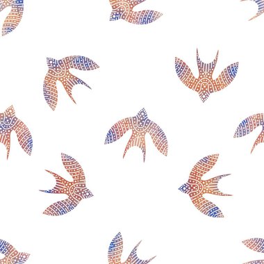 Kağıt, kumaş, çarşaf ve çocuk giysisi baskısı ve moda tekstili için kusursuz Ukrayna desenli etnik kuşlar. Yüksek kaliteli illüstrasyon