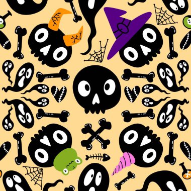 Cadılar Bayramı canavarları kağıt, kumaş, çarşaf ve parti aksesuarları için kusursuz kafatası desenleri. Yüksek kaliteli illüstrasyon