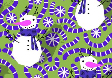 Kumaşlar, tekstil ve ambalajlar, hediyeler, kartlar, çarşaflar ve çocuklar için kusursuz kardan adam deseni.