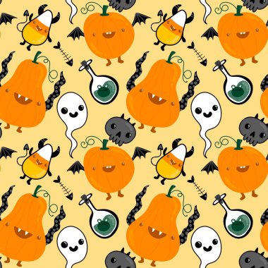 Cadılar Bayramı balkabakları kağıt, kumaş, çarşaf, çocuk giysisi baskısı, şenlik ambalajı ve sonbahar partisi aksesuarları için kusursuz canavar desenleri. Yüksek kaliteli illüstrasyon