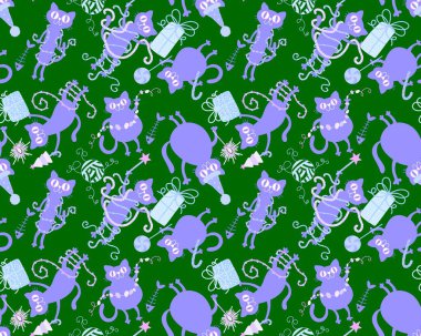 Noel karikatüründeki hayvanlar, kağıt, kumaş, çarşaf ve çocuk giysileri baskısı, parti aksesuarları ve yeni yıl ambalajları için kusursuz kediler ve oyuncak desenleri. Yüksek kaliteli illüstrasyon