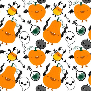 Cadılar Bayramı balkabakları kağıt, kumaş, çarşaf, çocuk giysisi baskısı, şenlik ambalajı ve sonbahar partisi aksesuarları için kusursuz canavar desenleri. Yüksek kaliteli illüstrasyon