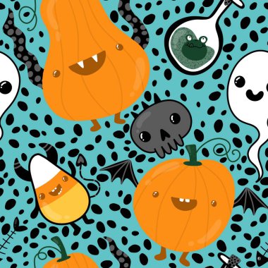 Cadılar Bayramı balkabakları kağıt, kumaş, çarşaf, çocuk giysisi baskısı, şenlik ambalajı ve sonbahar partisi aksesuarları için kusursuz canavar desenleri. Yüksek kaliteli illüstrasyon