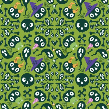 Cadılar Bayramı canavarları kağıt, kumaş, çarşaf ve parti aksesuarları için kusursuz kafatası desenleri. Yüksek kaliteli illüstrasyon