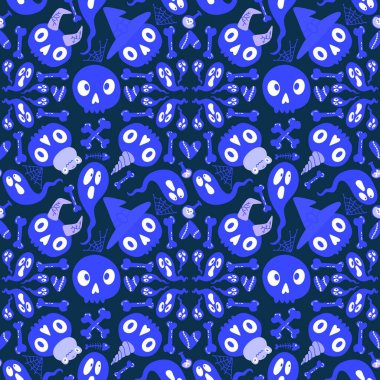 Cadılar Bayramı canavarları kağıt, kumaş, çarşaf ve parti aksesuarları için kusursuz kafatası desenleri. Yüksek kaliteli illüstrasyon