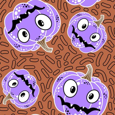 Cadılar Bayramı balkabakları kağıt, kumaş, çarşaf, çocuk giysisi baskısı, şenlik ambalajı ve sonbahar partisi aksesuarları için kusursuz canavar desenleri. Yüksek kaliteli illüstrasyon