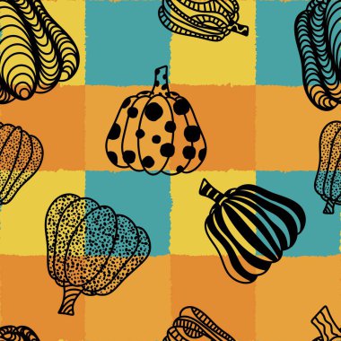 Cadılar Bayramı balkabakları kağıt, kumaş, çarşaf, çocuk giysisi baskısı, şenlik ambalajı ve sonbahar partisi aksesuarları için kusursuz canavar desenleri. Yüksek kaliteli illüstrasyon