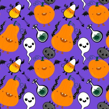 Cadılar Bayramı balkabakları kağıt, kumaş, çarşaf, çocuk giysisi baskısı, şenlik ambalajı ve sonbahar partisi aksesuarları için kusursuz canavar desenleri. Yüksek kaliteli illüstrasyon