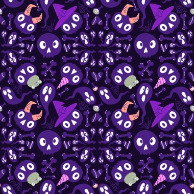 Cadılar Bayramı balkabakları kağıt, kumaş, çarşaf, çocuk giysisi baskısı, şenlik ambalajı ve sonbahar partisi aksesuarları için kusursuz canavar desenleri. Yüksek kaliteli illüstrasyon