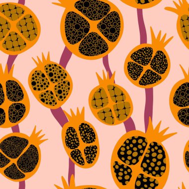 Kağıt, kumaş, çarşaf ve çocuk giysileri baskısı ve parti yaz aksesuarları için soyut meyve pürüzsüz nar deseni. Yüksek kaliteli illüstrasyon