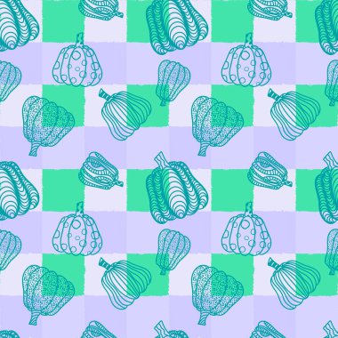 Cadılar Bayramı balkabakları kağıt, kumaş, çarşaf, çocuk giysisi baskısı, şenlik ambalajı ve sonbahar partisi aksesuarları için kusursuz canavar desenleri. Yüksek kaliteli illüstrasyon