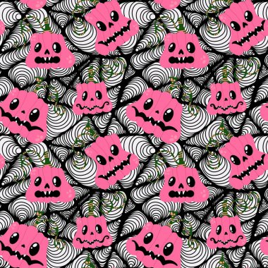 Cadılar Bayramı balkabakları kağıt, kumaş, çarşaf, çocuk giysisi baskısı, şenlik ambalajı ve sonbahar partisi aksesuarları için kusursuz canavar desenleri. Yüksek kaliteli illüstrasyon