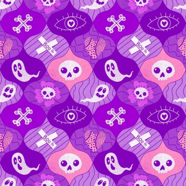 Cadılar Bayramı partisinde kumaşlar, kumaşlar, çarşaflar, çocuk giysileri baskısı ve sonbahar ambalajları için kusursuz bir desen var. Yüksek kaliteli illüstrasyon