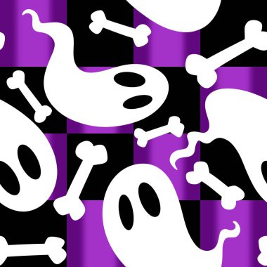 Cadılar Bayramı hayaletleri kağıt, kumaş, çarşaf ve çocuk giysileri baskısı, ambalaj ve şenlikli aksesuarlar için kusursuz çizgi film desenleri. Yüksek kaliteli illüstrasyon