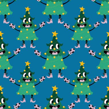 Karikatür Noel ağacı desenli ambalaj kağıtları, kumaşlar, çarşaflar, çocuk kıyafetleri ve parti aksesuarları. Yüksek kaliteli illüstrasyon