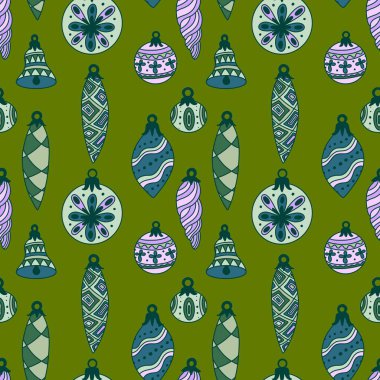 Çizgi film retro Noel ağacı topları, kağıt, kumaş, çarşaf, çocuk kıyafetleri ve parti aksesuarları için kusursuz etnik süs desenleri. Yüksek kaliteli illüstrasyon