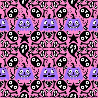 Cadılar Bayramı balkabakları kağıt, kumaş, çarşaf, çocuk giysisi baskısı, şenlik ambalajı ve sonbahar partisi aksesuarları için kusursuz canavar desenleri. Yüksek kaliteli illüstrasyon