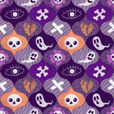 Cadılar Bayramı partisinde kumaşlar, kumaşlar, çarşaflar, çocuk giysileri baskısı ve sonbahar ambalajları için kusursuz bir desen var. Yüksek kaliteli illüstrasyon