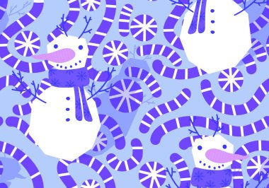 Kumaşlar, tekstil ve ambalajlar, hediyeler, kartlar, çarşaflar ve çocuklar için kusursuz kardan adam deseni.