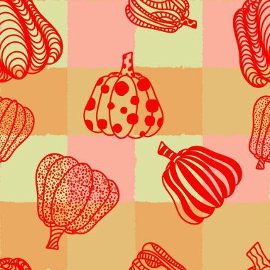 Cadılar Bayramı balkabakları kağıt, kumaş, çarşaf, çocuk giysisi baskısı, şenlik ambalajı ve sonbahar partisi aksesuarları için kusursuz canavar desenleri. Yüksek kaliteli illüstrasyon