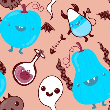 Cadılar Bayramı balkabakları kağıt, kumaş, çarşaf, çocuk giysisi baskısı, şenlik ambalajı ve sonbahar partisi aksesuarları için kusursuz canavar desenleri. Yüksek kaliteli illüstrasyon