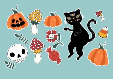 Cadılar Bayramı hayvanları, kağıt, kumaş, çarşaf, çocuk giysisi baskısı ve parti aksesuarları için kedi ve balkabağı deseni oluşturur. Yüksek kaliteli illüstrasyon