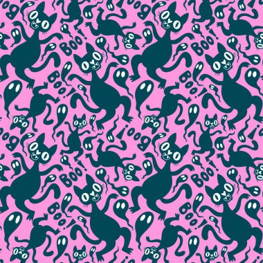 Cadılar Bayramı hayvanları, kağıt, kumaş, çarşaf, çocuk kıyafetleri ve parti aksesuarları için kusursuz kediler ve balkabağı desenleri. Yüksek kaliteli illüstrasyon