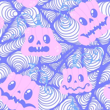 Cadılar Bayramı balkabakları kağıt, kumaş, çarşaf, çocuk giysisi baskısı, şenlik ambalajı ve sonbahar partisi aksesuarları için kusursuz canavar desenleri. Yüksek kaliteli illüstrasyon