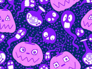 Cadılar Bayramı balkabakları kağıt, kumaş, çarşaf, çocuk giysisi baskısı, şenlik ambalajı ve sonbahar partisi aksesuarları için kusursuz canavar desenleri. Yüksek kaliteli illüstrasyon