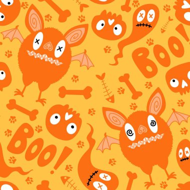 Cadılar Bayramı canavarları. Yarasalar, hayaletler, kafatası desenleri. Kağıt, kumaş, çarşaf, çocuk kıyafetleri ve sonbahar partisi aksesuarları. Yüksek kaliteli illüstrasyon