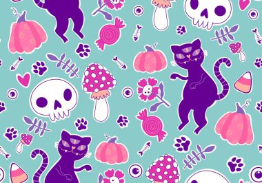 Cadılar Bayramı hayvanları, kağıt, kumaş, çarşaf, çocuk kıyafetleri ve parti aksesuarları için kusursuz kediler ve balkabağı desenleri. Yüksek kaliteli illüstrasyon