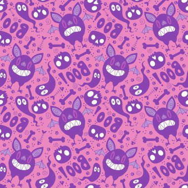 Cadılar Bayramı canavarları. Yarasalar, hayaletler, kafatası desenleri. Kağıt, kumaş, çarşaf, çocuk kıyafetleri ve sonbahar partisi aksesuarları. Yüksek kaliteli illüstrasyon