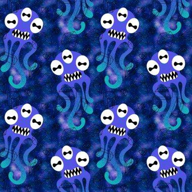 Cartoon monsters seamless emoticons aliens pattern for kids clothes print and wrapping paper and fabrics and linens and kindergarten. High quality illustration