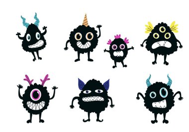 Çizgi film canavarları kağıt, kumaş, çarşaf ve çocuk giysileri baskısı ve Cadılar Bayramı ambalajı için desen oluştururlar. Yüksek kaliteli illüstrasyon