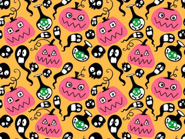 Cadılar Bayramı balkabakları kağıt, kumaş, çarşaf, çocuk giysisi baskısı, şenlik ambalajı ve sonbahar partisi aksesuarları için kusursuz canavar desenleri. Yüksek kaliteli illüstrasyon