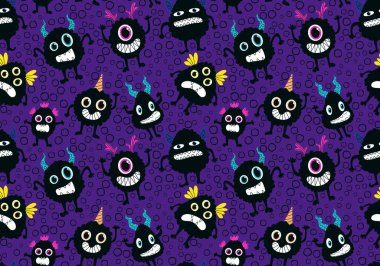 Çizgi film canavarları kağıt, kumaş, çarşaf ve çocuk giysileri baskısı ve Cadılar Bayramı ambalajları için kusursuz desenler. Yüksek kaliteli illüstrasyon