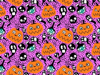 Cadılar Bayramı balkabakları kağıt, kumaş, çarşaf, çocuk giysisi baskısı, şenlik ambalajı ve sonbahar partisi aksesuarları için kusursuz canavar desenleri. Yüksek kaliteli illüstrasyon