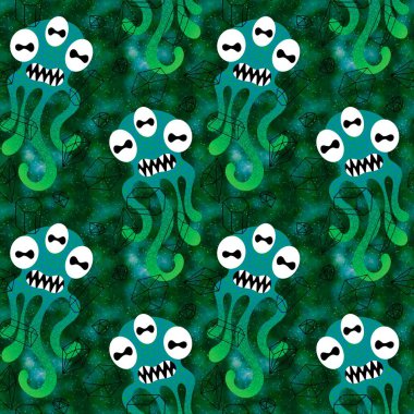 Cartoon monsters seamless emoticons aliens pattern for kids clothes print and wrapping paper and fabrics and linens and kindergarten. High quality illustration